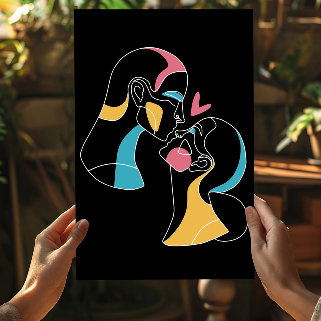 Kissing Couple Heart Line Art On Black Aluminum Print