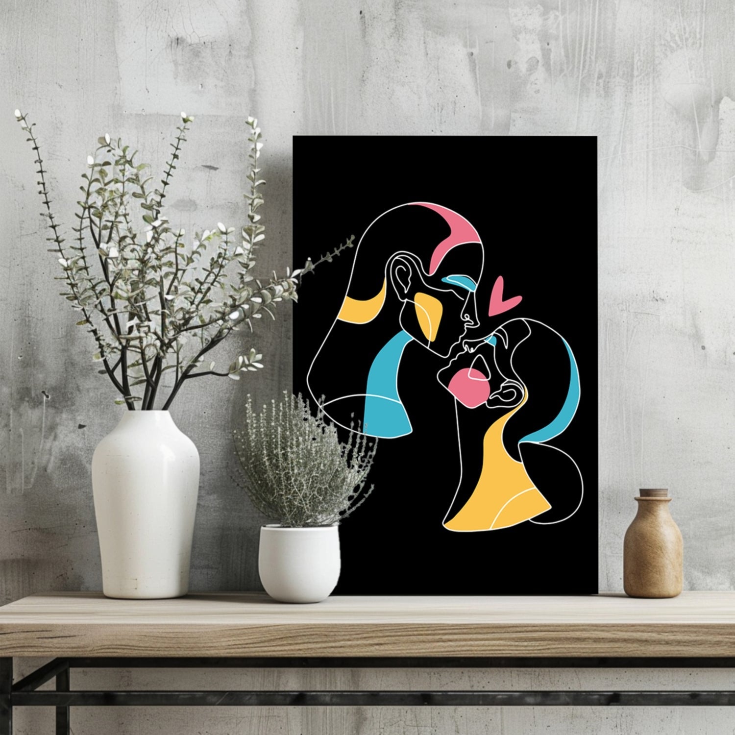 Kissing Couple Heart Line Art On Black Aluminum Print