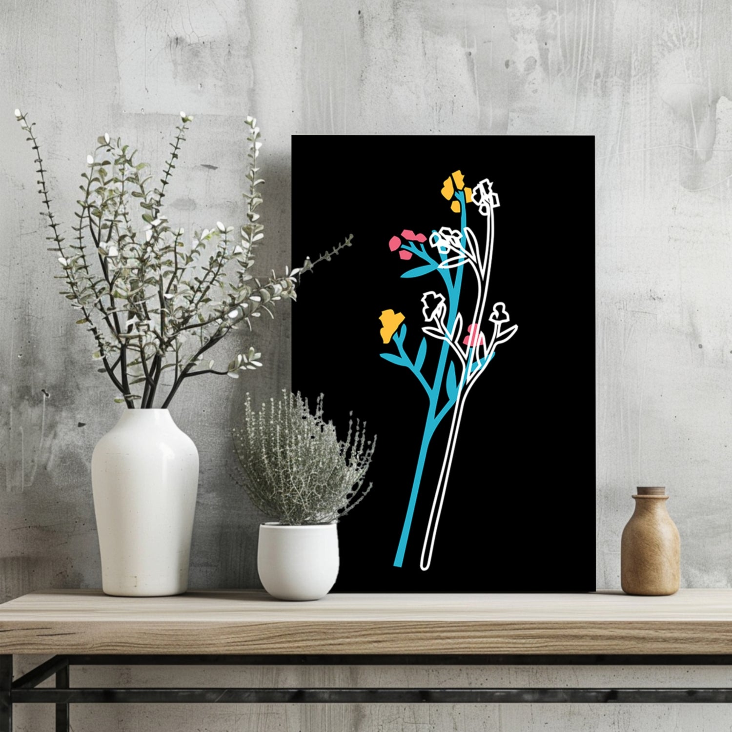 Teal Stem Wildflowers Line Art On Black Aluminum Print