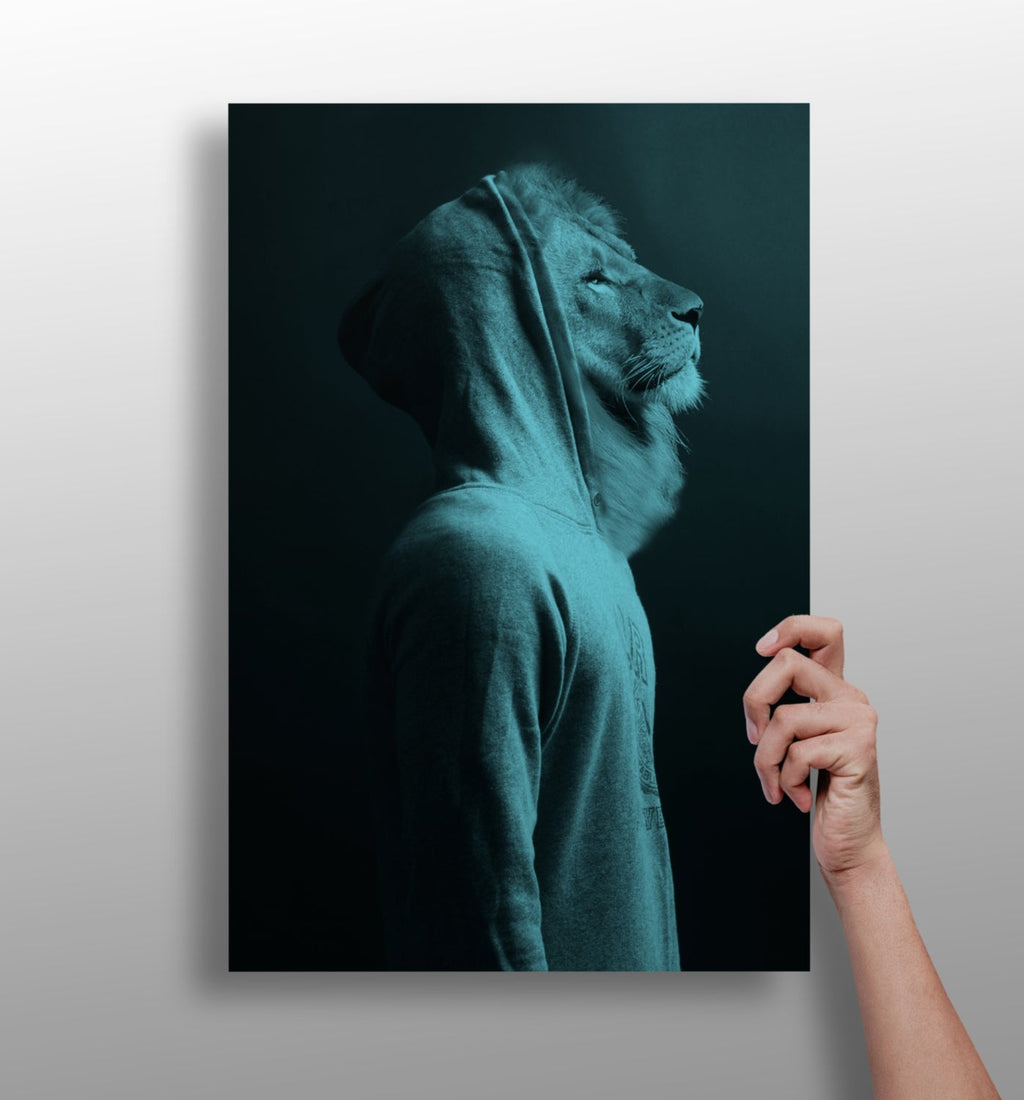 Teal Lion in Hoodie Aluminum Print