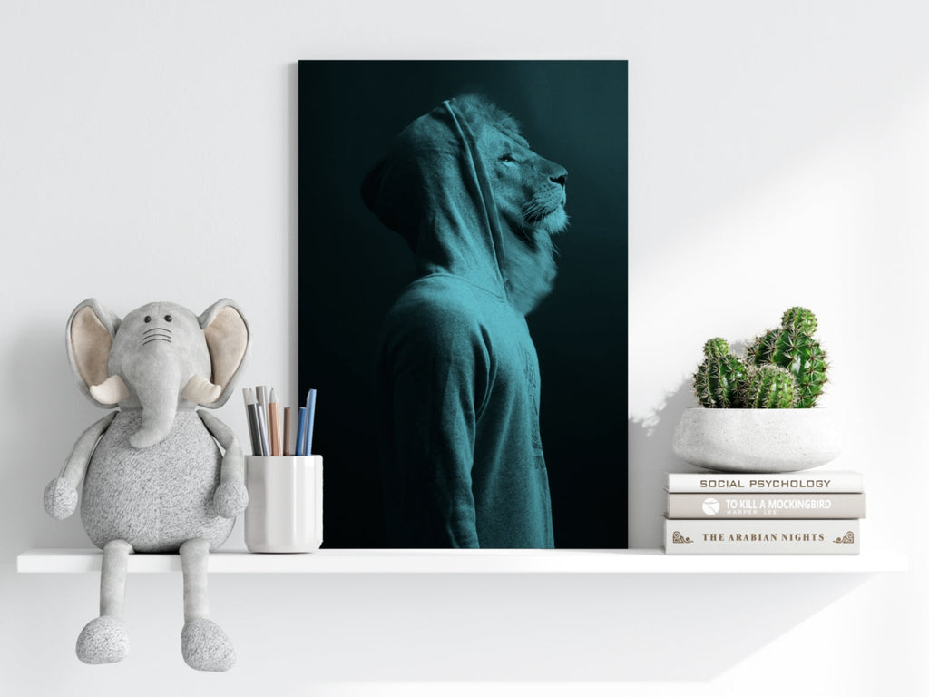 Teal Lion in Hoodie Aluminum Print