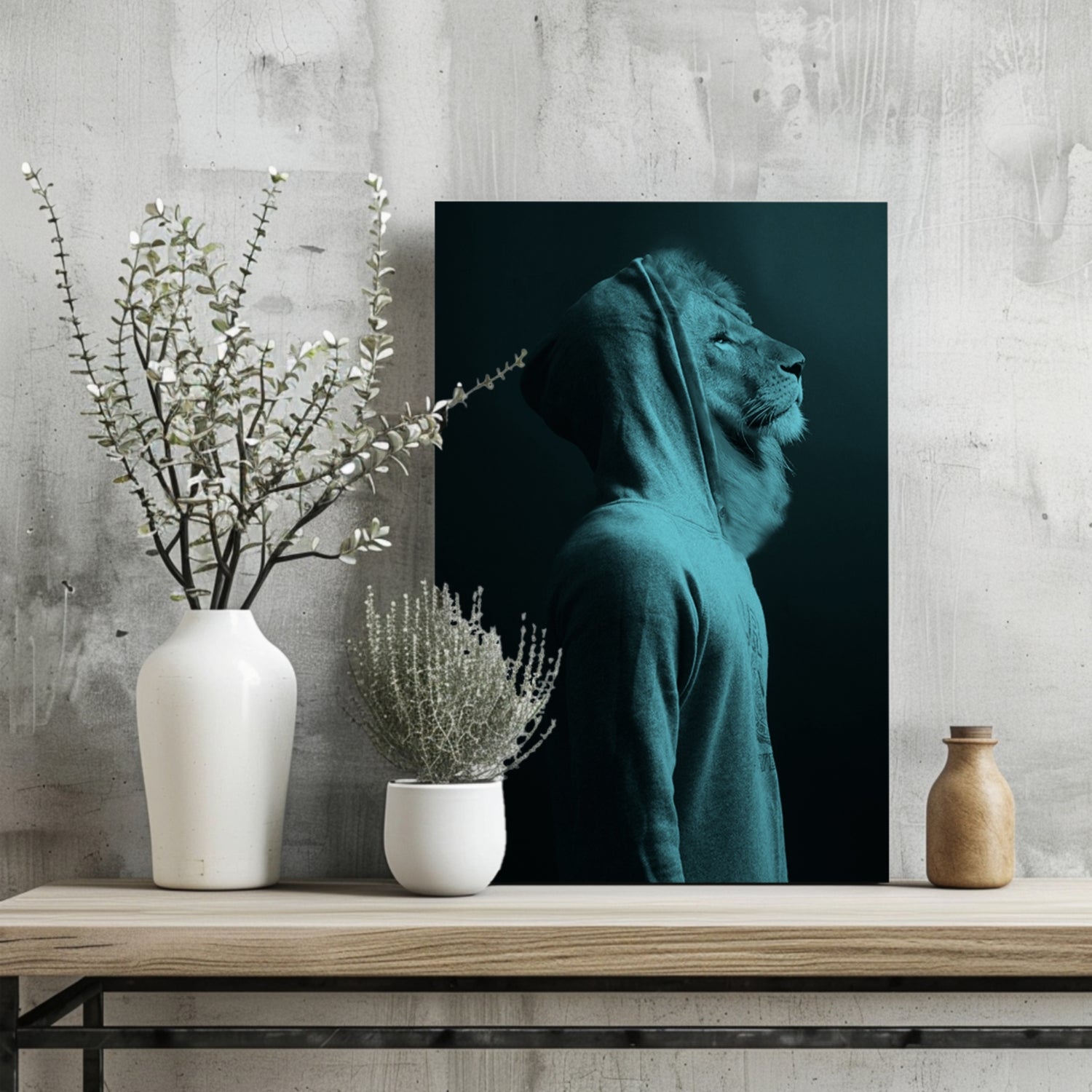 Teal Lion in Hoodie Aluminum Print