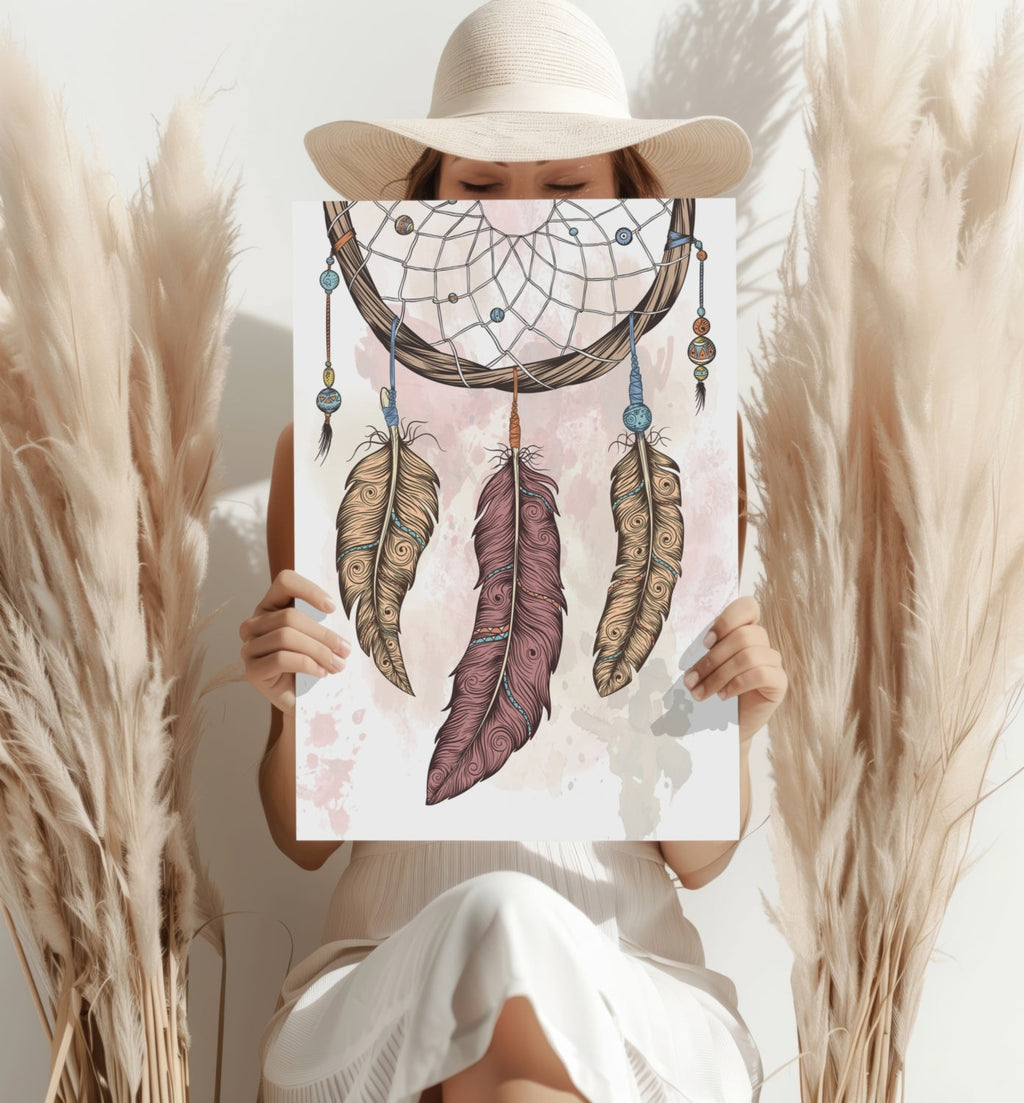 Three Feather Boho Dreamcatcher Sketch Aluminum Print