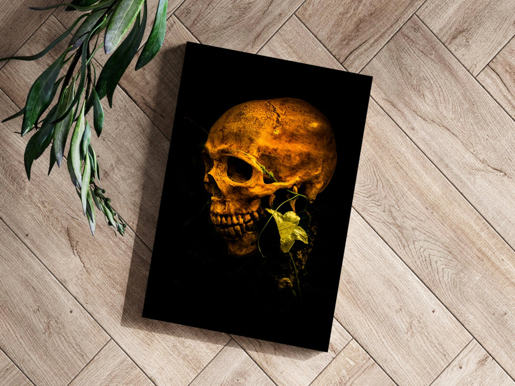 Golden Lit Skull With Ivy Leaf Aluminum Print
