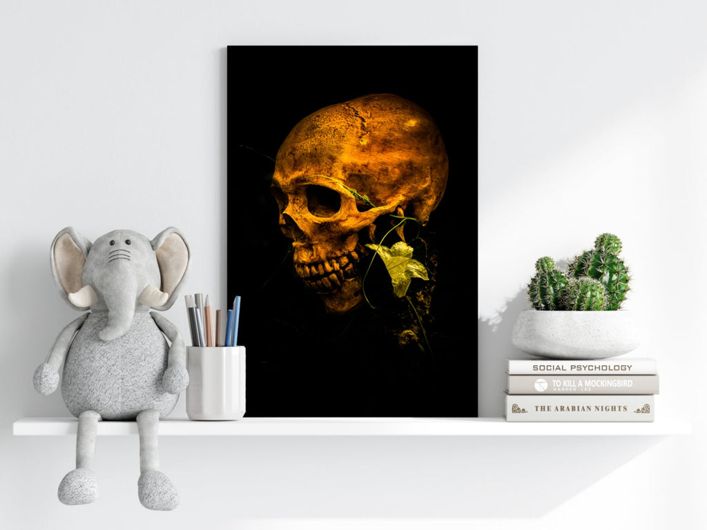 Golden Lit Skull With Ivy Leaf Aluminum Print