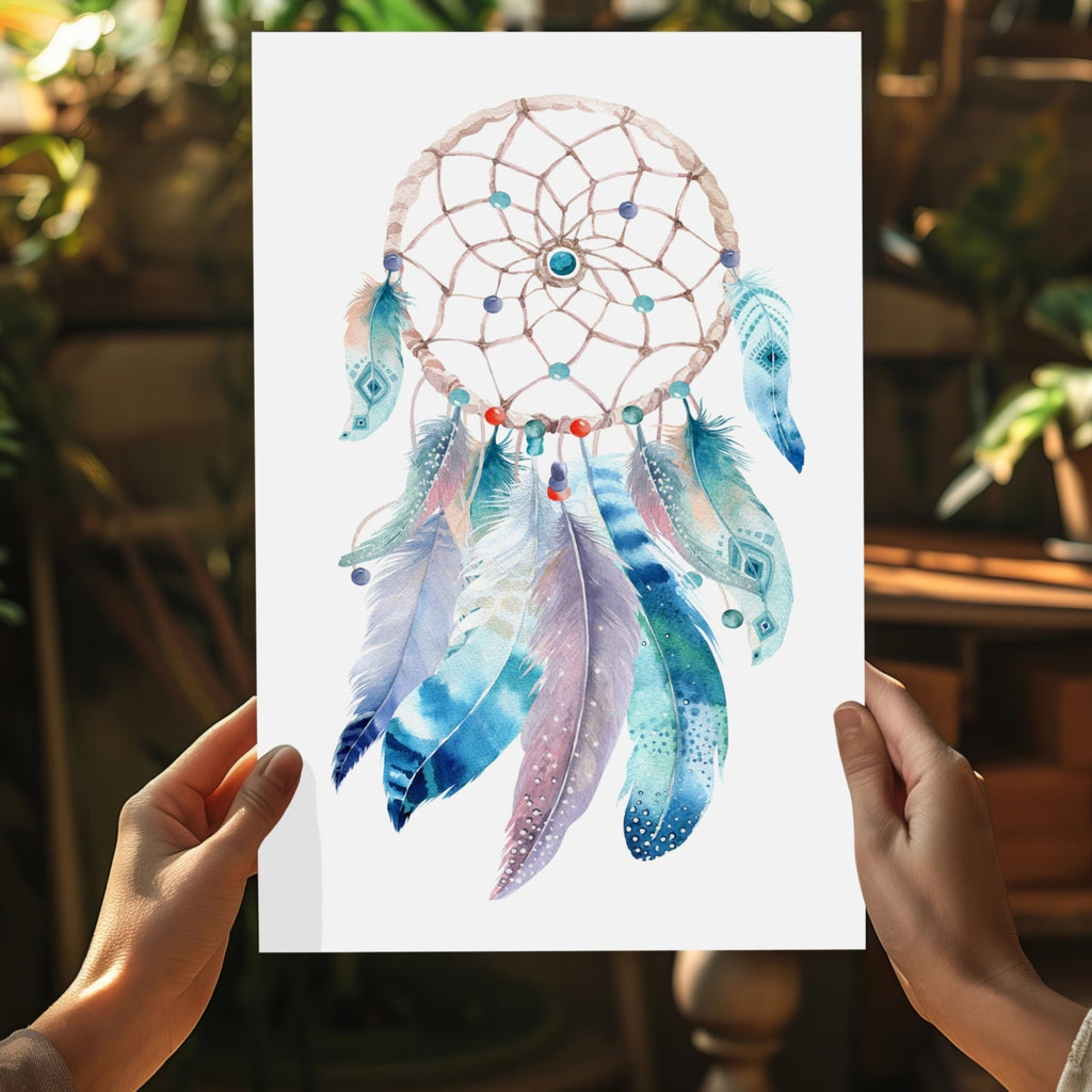 Turquoise Watercolor Feather Dreamcatcher Aluminum Print