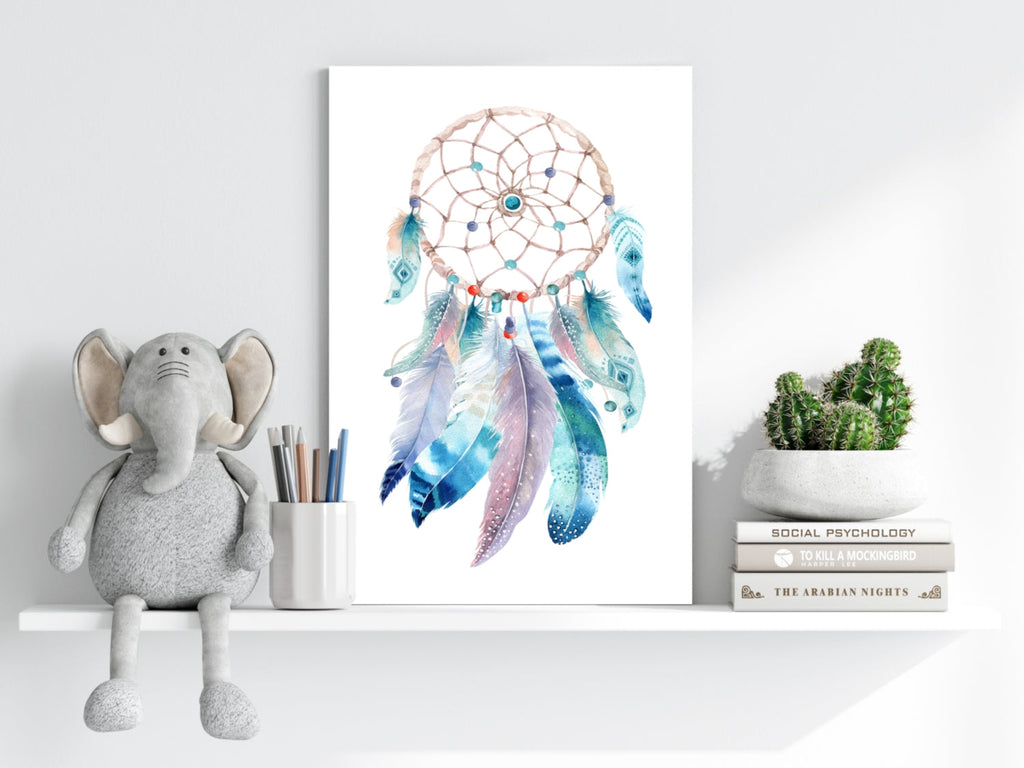 Turquoise Watercolor Feather Dreamcatcher Aluminum Print