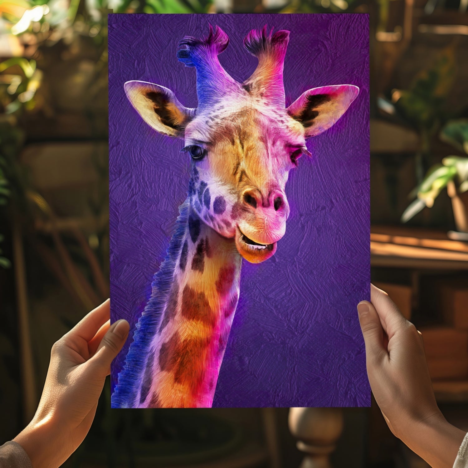 Purple Pink Smiling Giraffe Portrait Aluminum Print