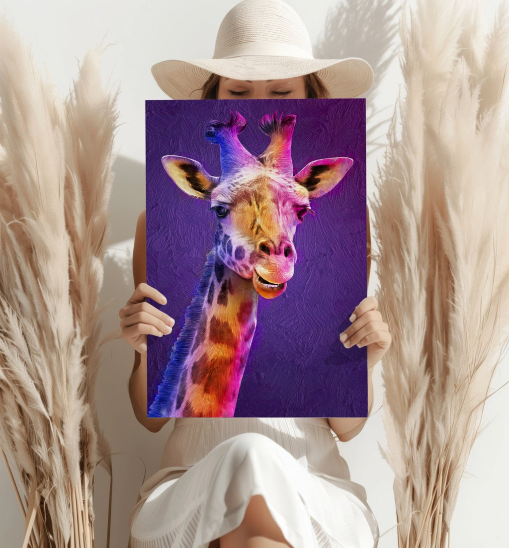 Purple Pink Smiling Giraffe Portrait Aluminum Print