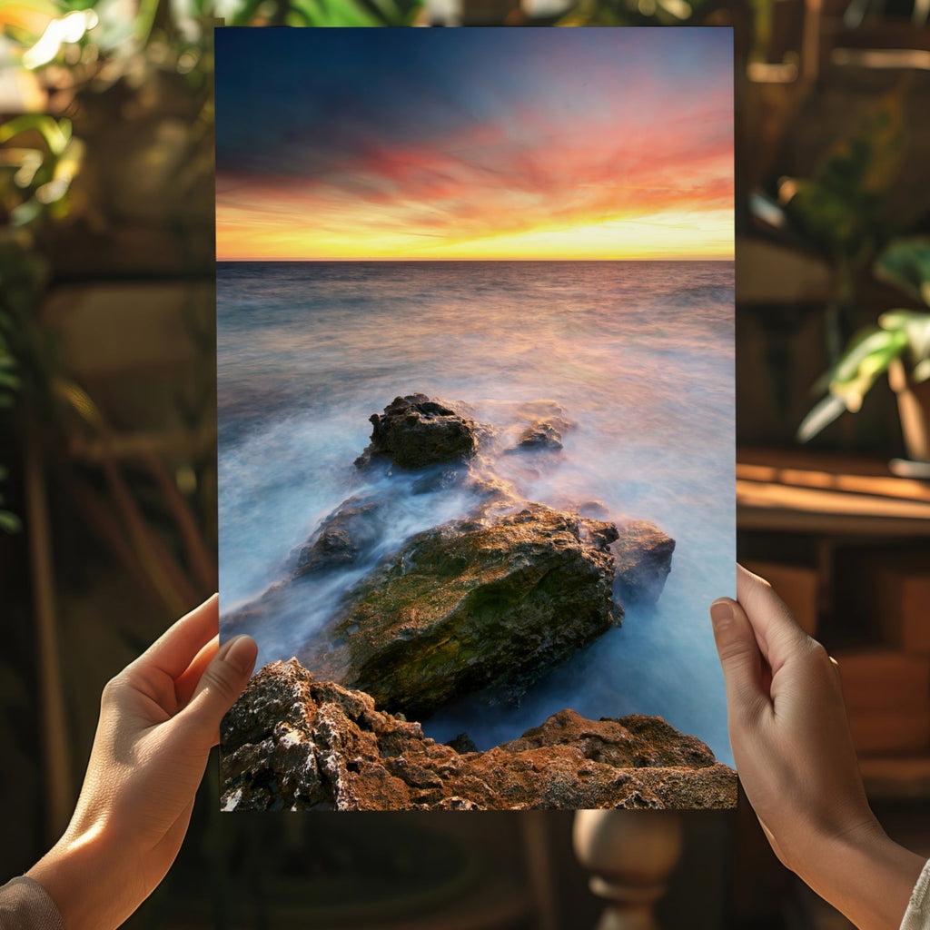 Silky Waves Over Rocky Shore Sunset Aluminum Print
