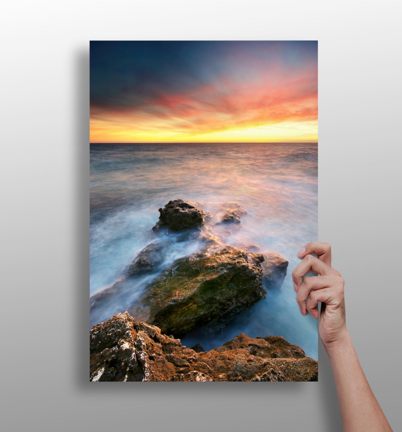Silky Waves Over Rocky Shore Sunset Aluminum Print