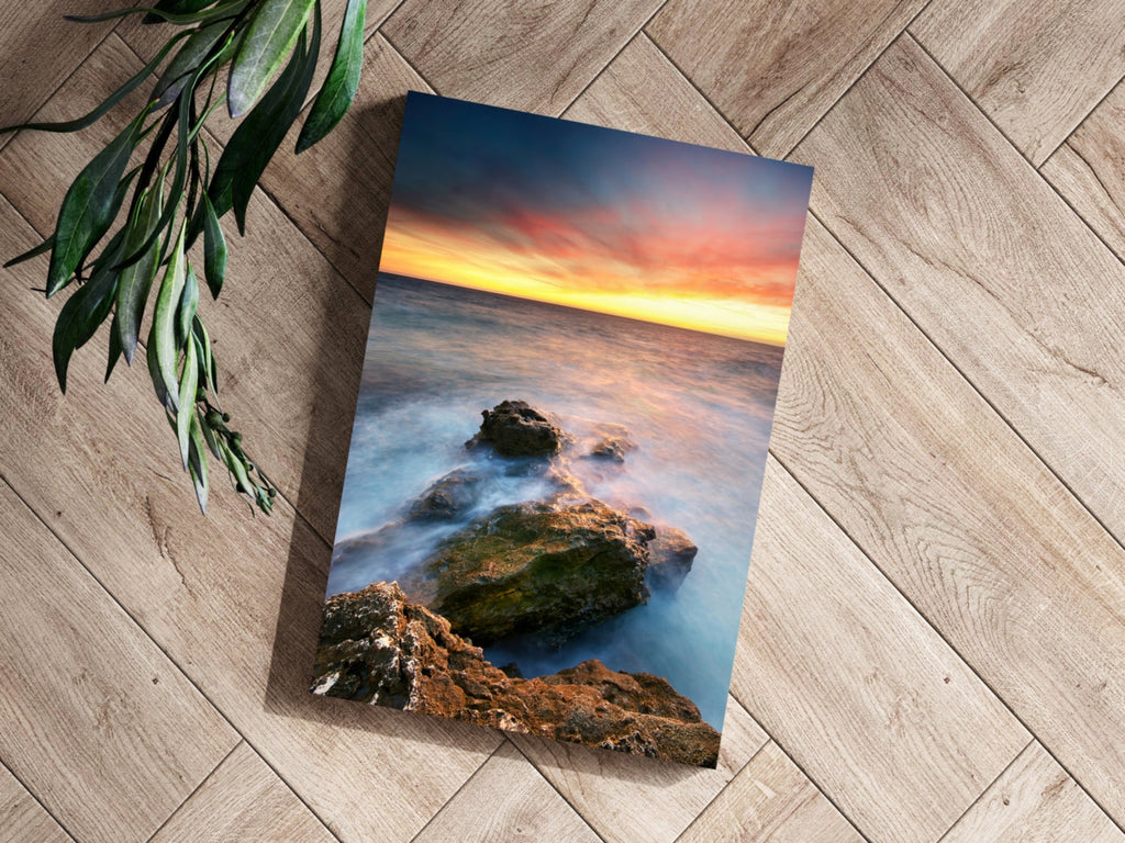 Silky Waves Over Rocky Shore Sunset Aluminum Print