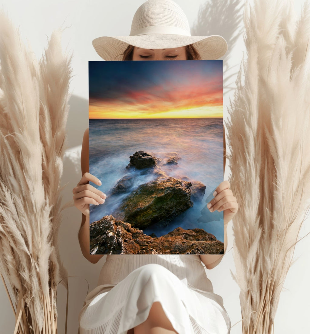 Silky Waves Over Rocky Shore Sunset Aluminum Print