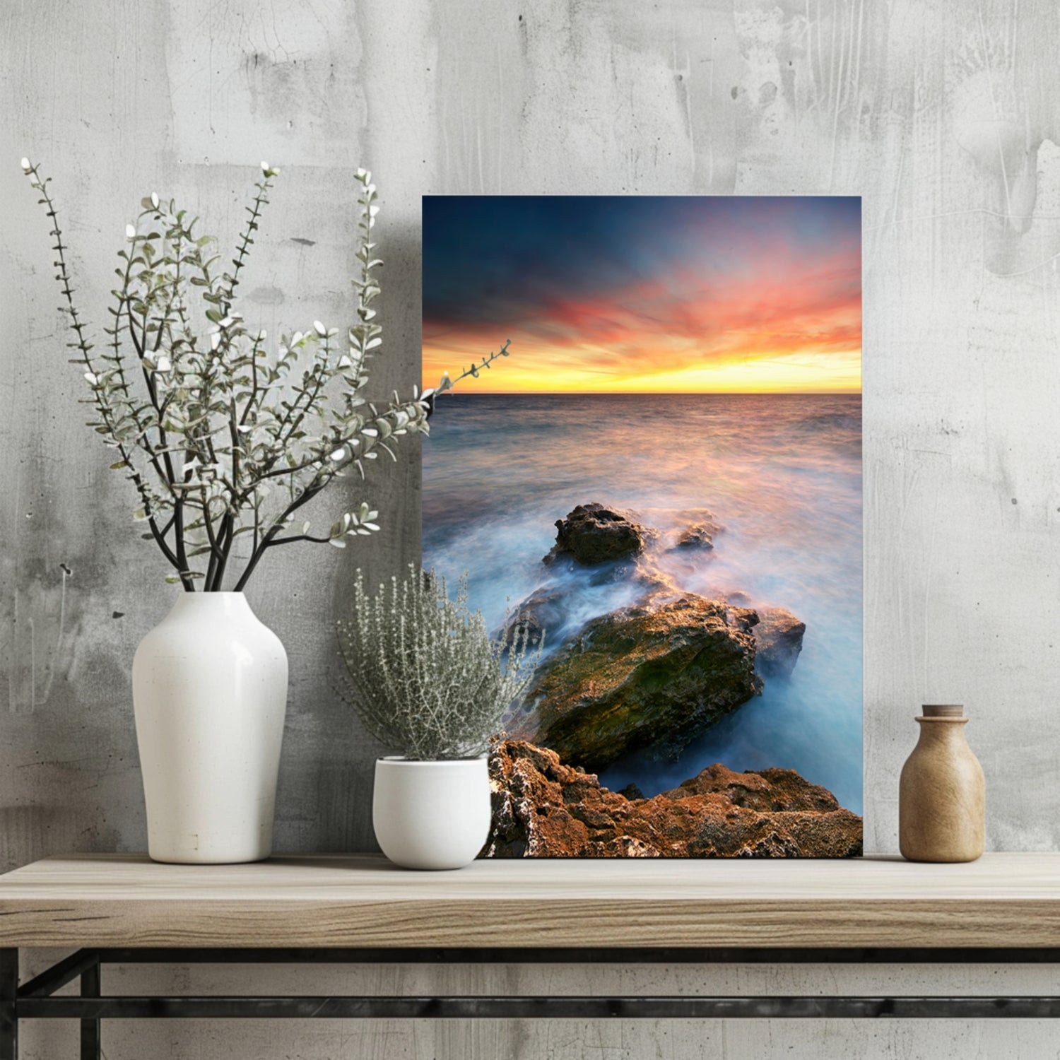 Silky Waves Over Rocky Shore Sunset Aluminum Print