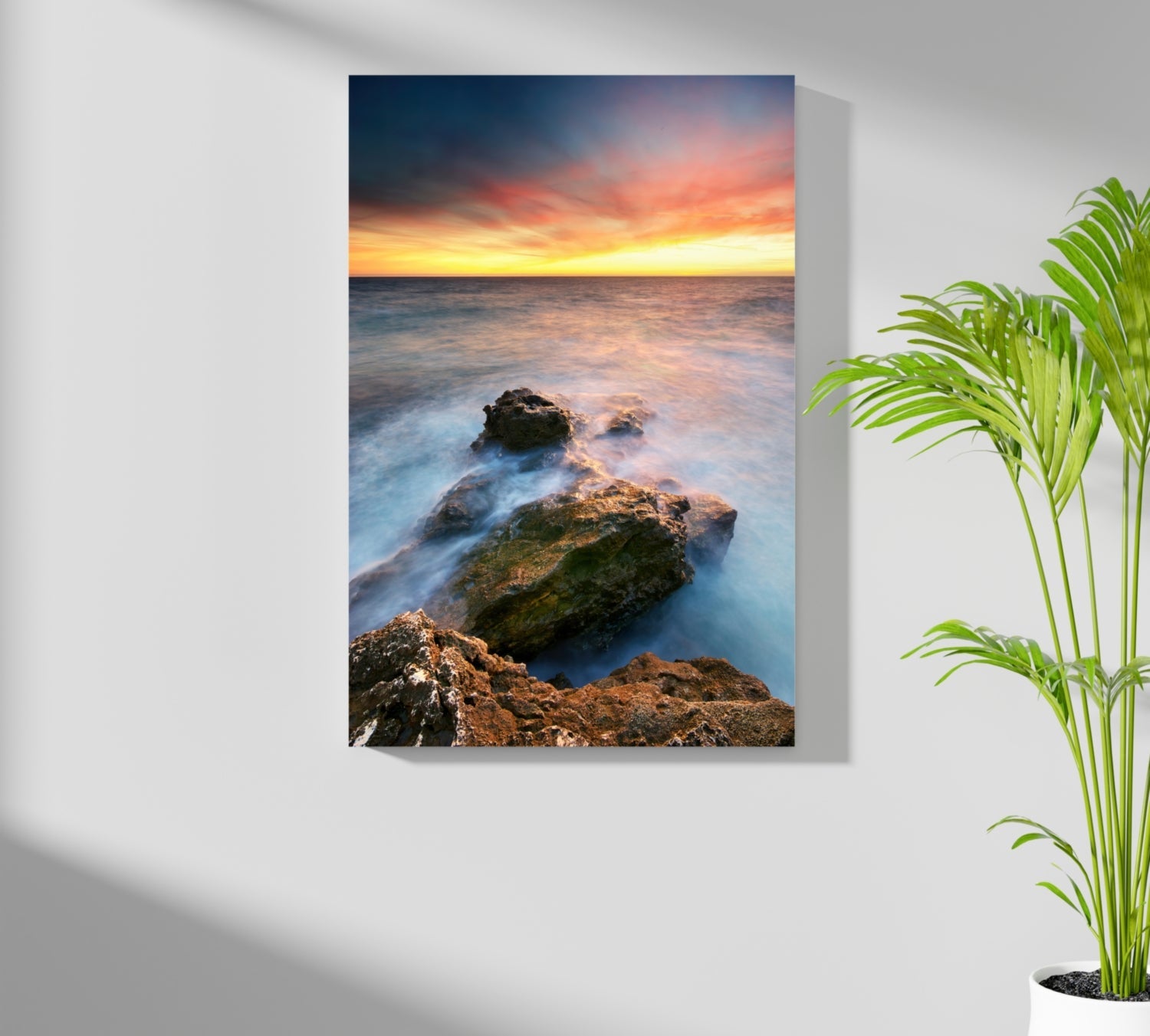 Silky Waves Over Rocky Shore Sunset Aluminum Print