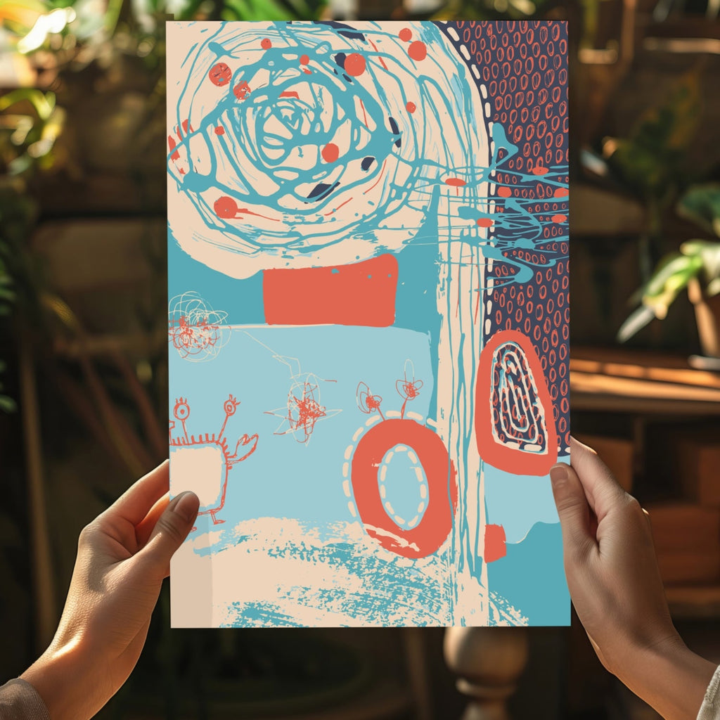 Teal Spiral and Coral Rings Abstract Aluminum Print