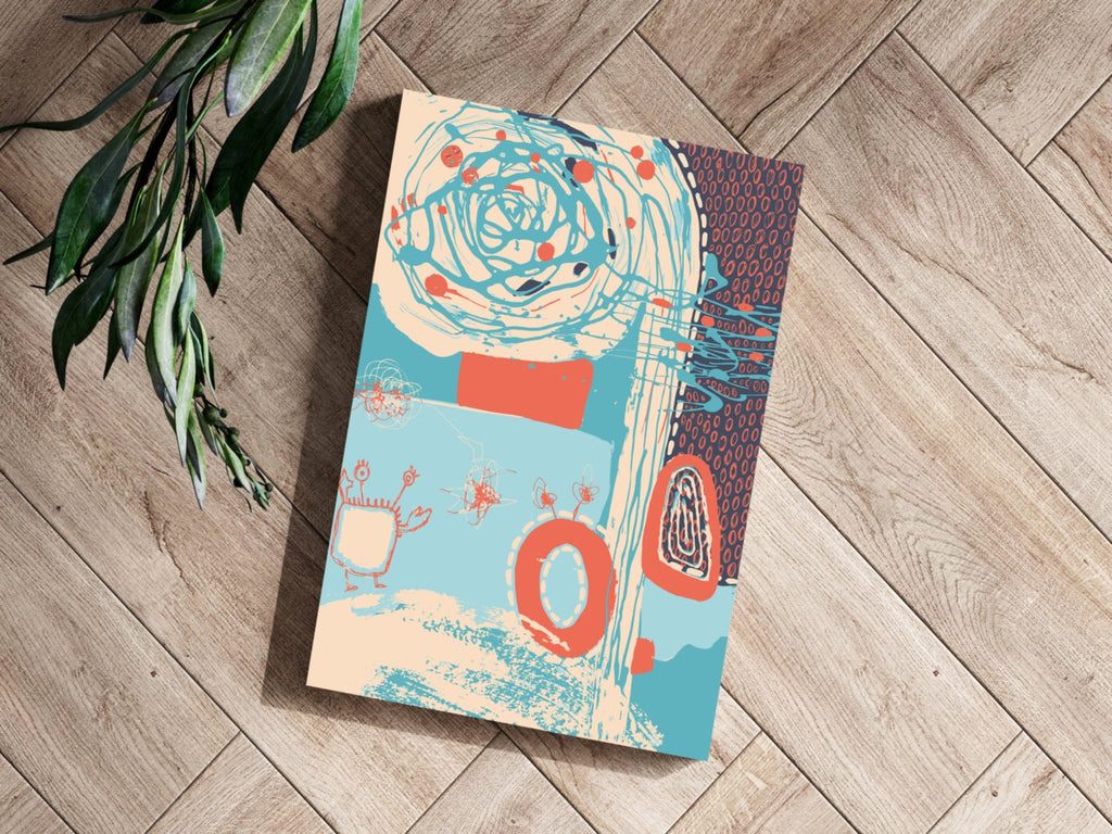 Teal Spiral and Coral Rings Abstract Aluminum Print
