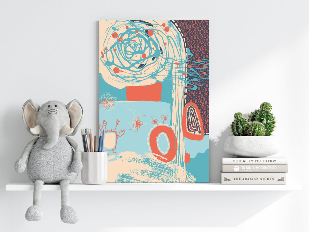 Teal Spiral and Coral Rings Abstract Aluminum Print