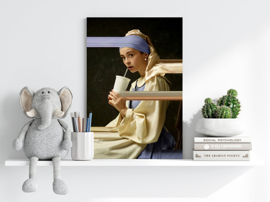 Pearl Earring Girl Soda Cup Glitch Aluminum Print