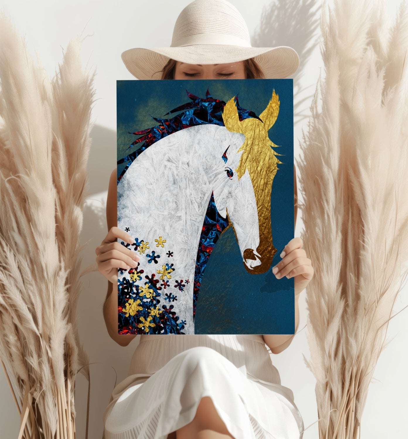 Gold Mane White Horse on Teal Blue Aluminum Print