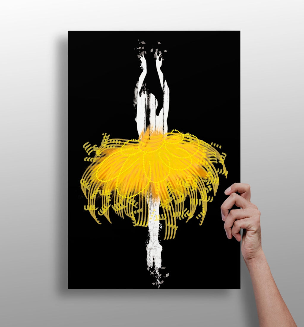 Yellow Tutu Silhouette Dancer on Black Aluminum Print
