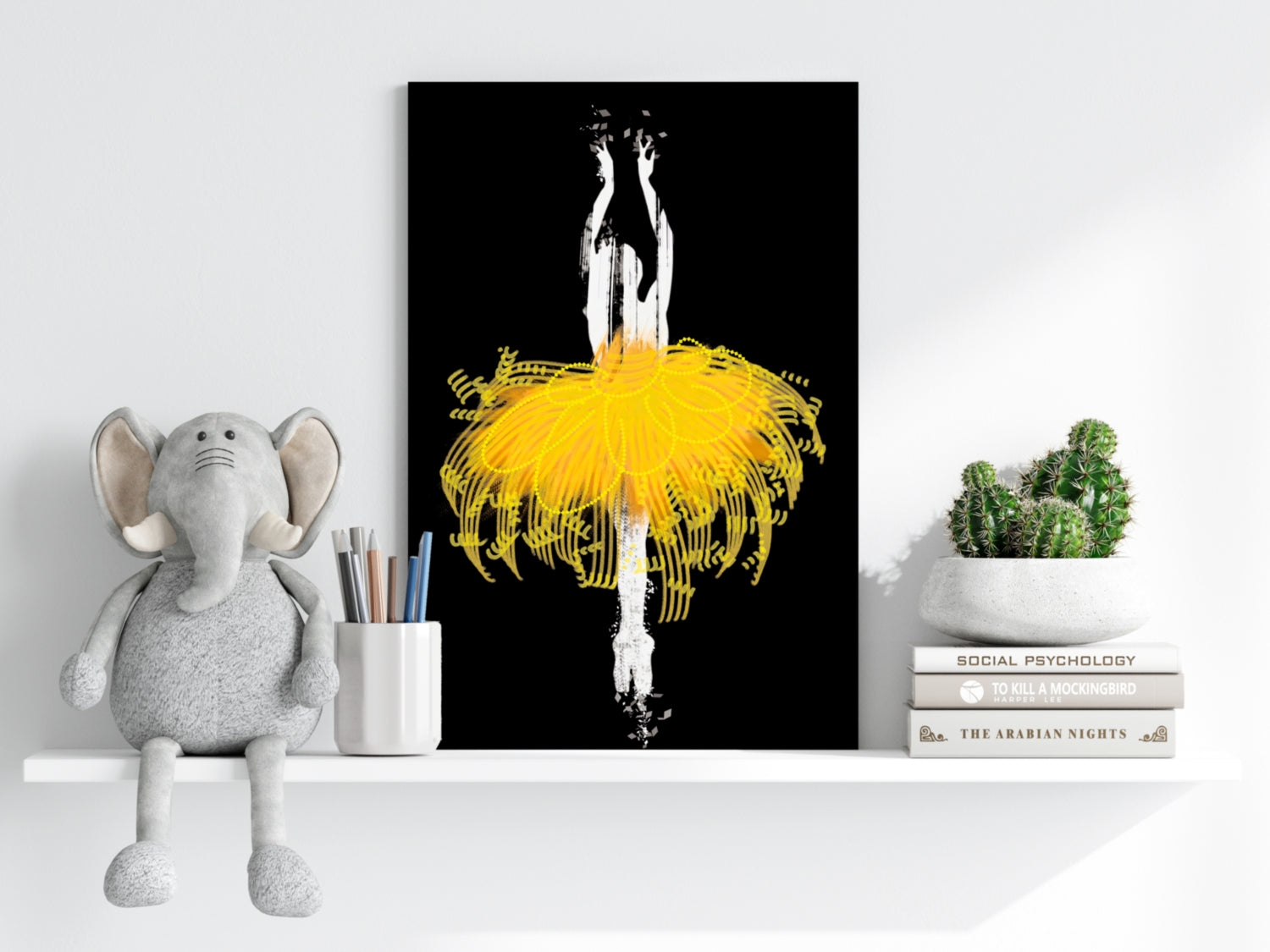 Yellow Tutu Silhouette Dancer on Black Aluminum Print