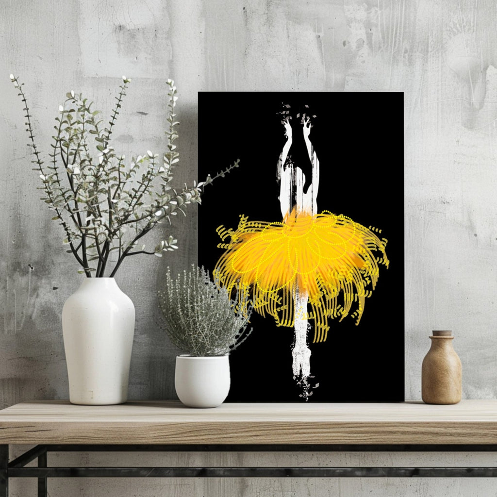 Yellow Tutu Silhouette Dancer on Black Aluminum Print