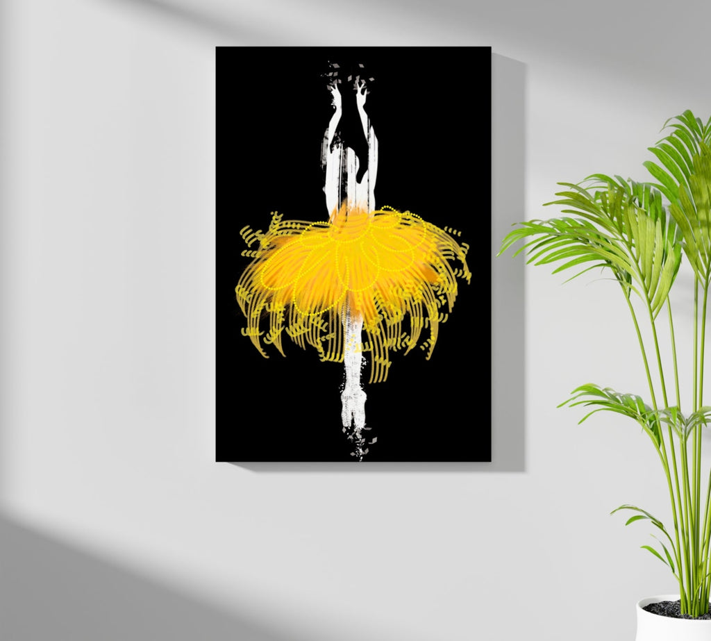 Yellow Tutu Silhouette Dancer on Black Aluminum Print