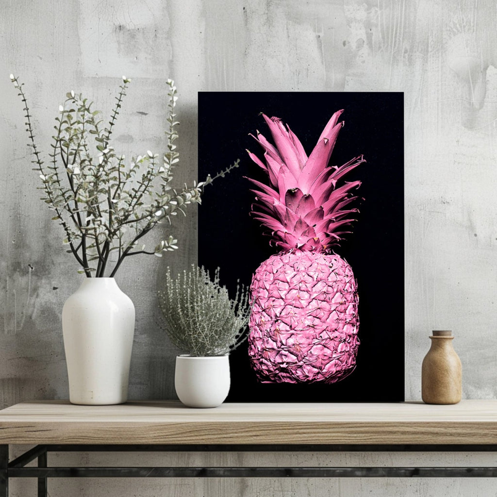 Hot Pink Painted Pineapple Black Aluminum Print
