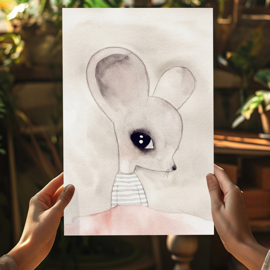 Watercolor Big Ear Mouse Striped Top Aluminum Print
