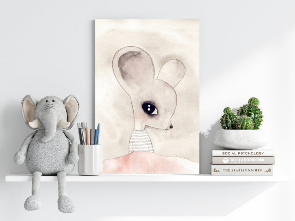 Watercolor Big Ear Mouse Striped Top Aluminum Print