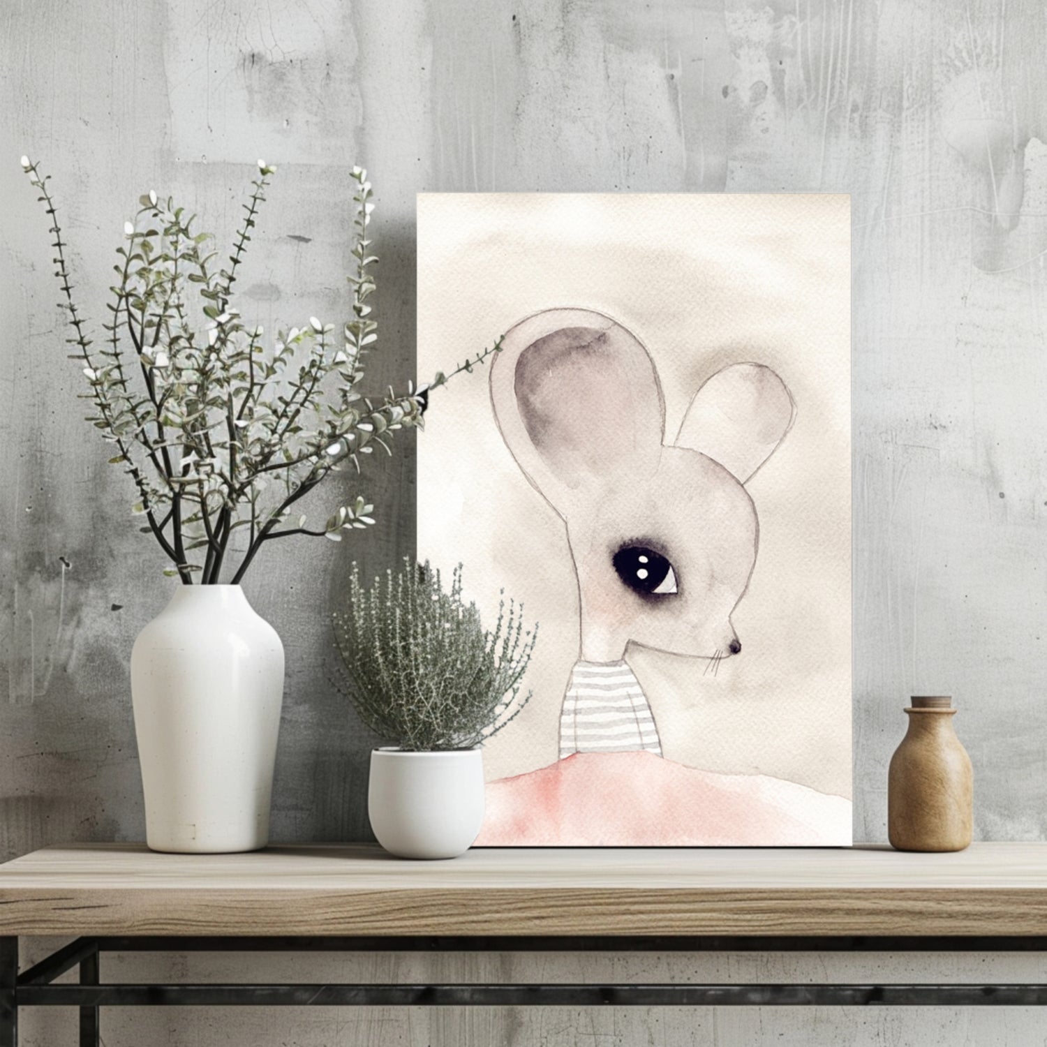 Watercolor Big Ear Mouse Striped Top Aluminum Print