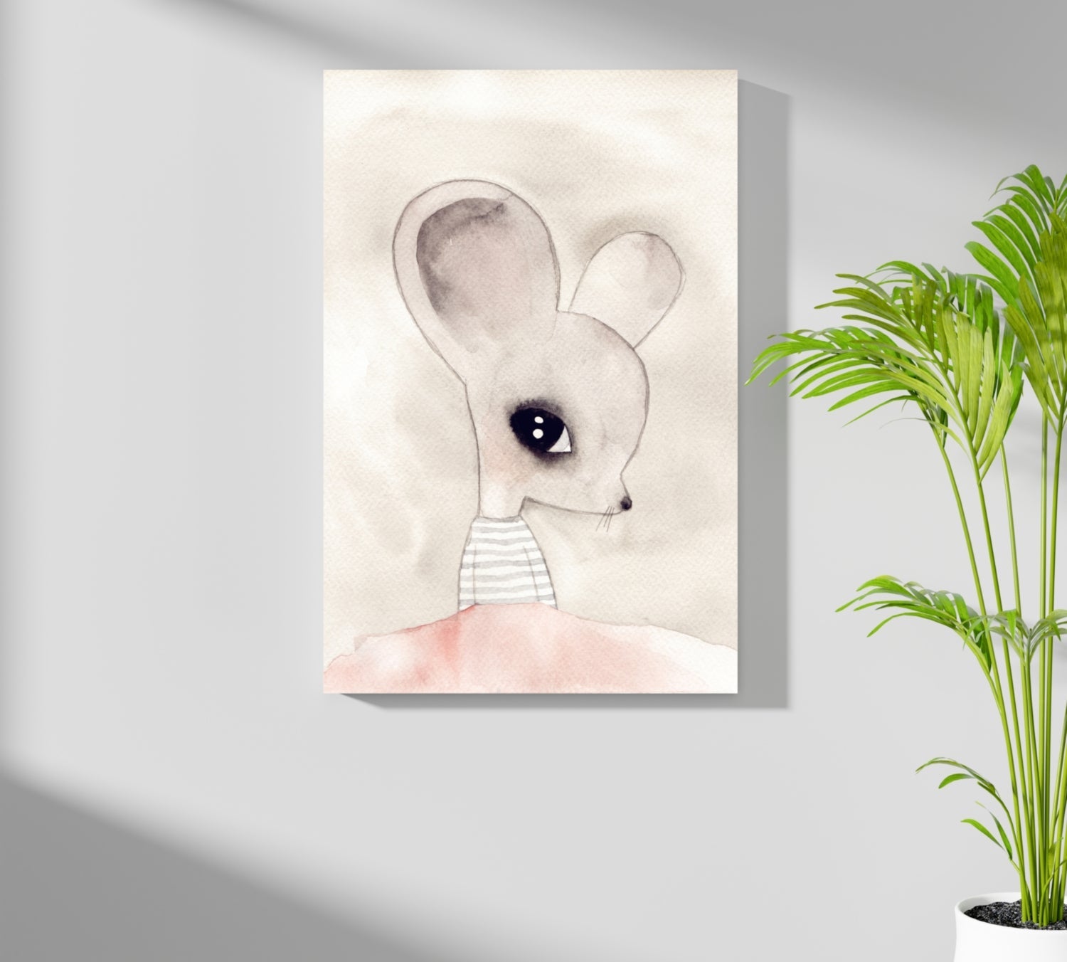 Watercolor Big Ear Mouse Striped Top Aluminum Print