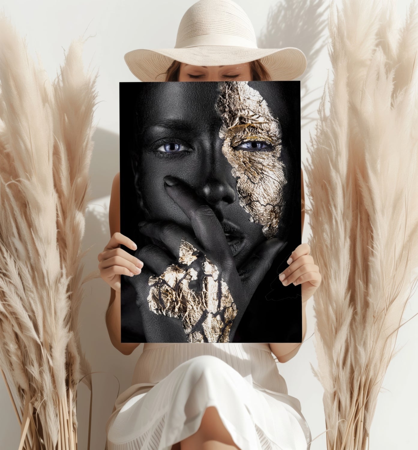 Gold Leaf Half Mask Woman Aluminum Print