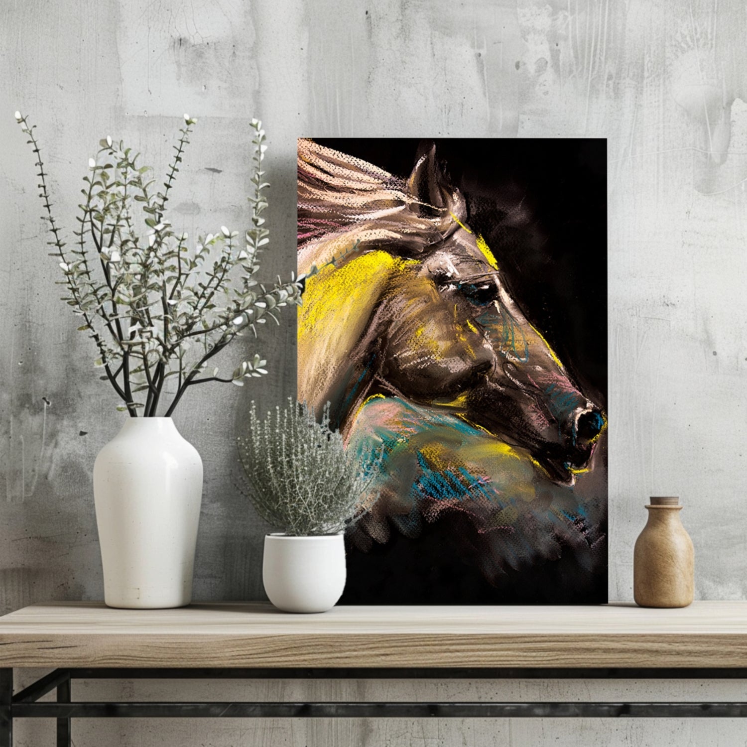 Yellow Pastel Chalk Horse on Black Aluminum Print