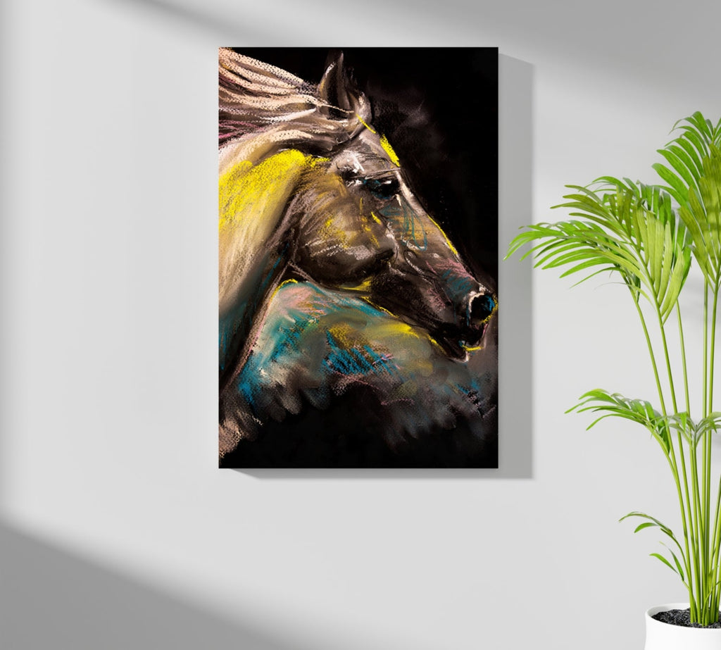 Yellow Pastel Chalk Horse on Black Aluminum Print
