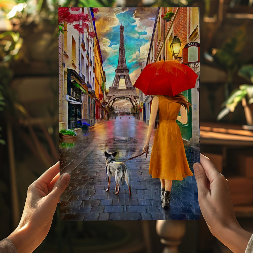 Red Umbrella Woman Walking Dog Paris Aluminum Print