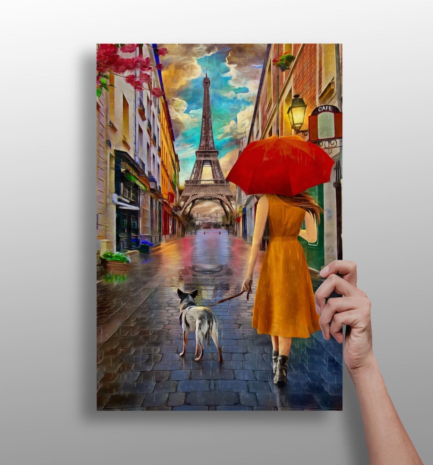 Red Umbrella Woman Walking Dog Paris Aluminum Print