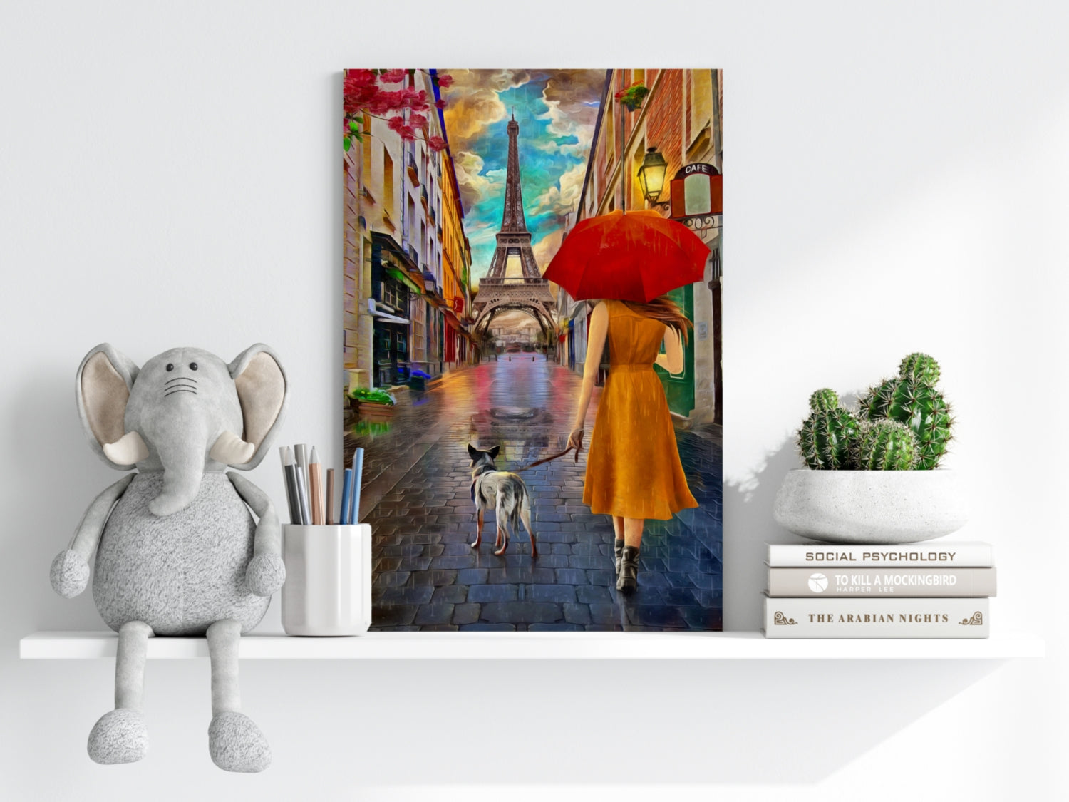 Red Umbrella Woman Walking Dog Paris Aluminum Print
