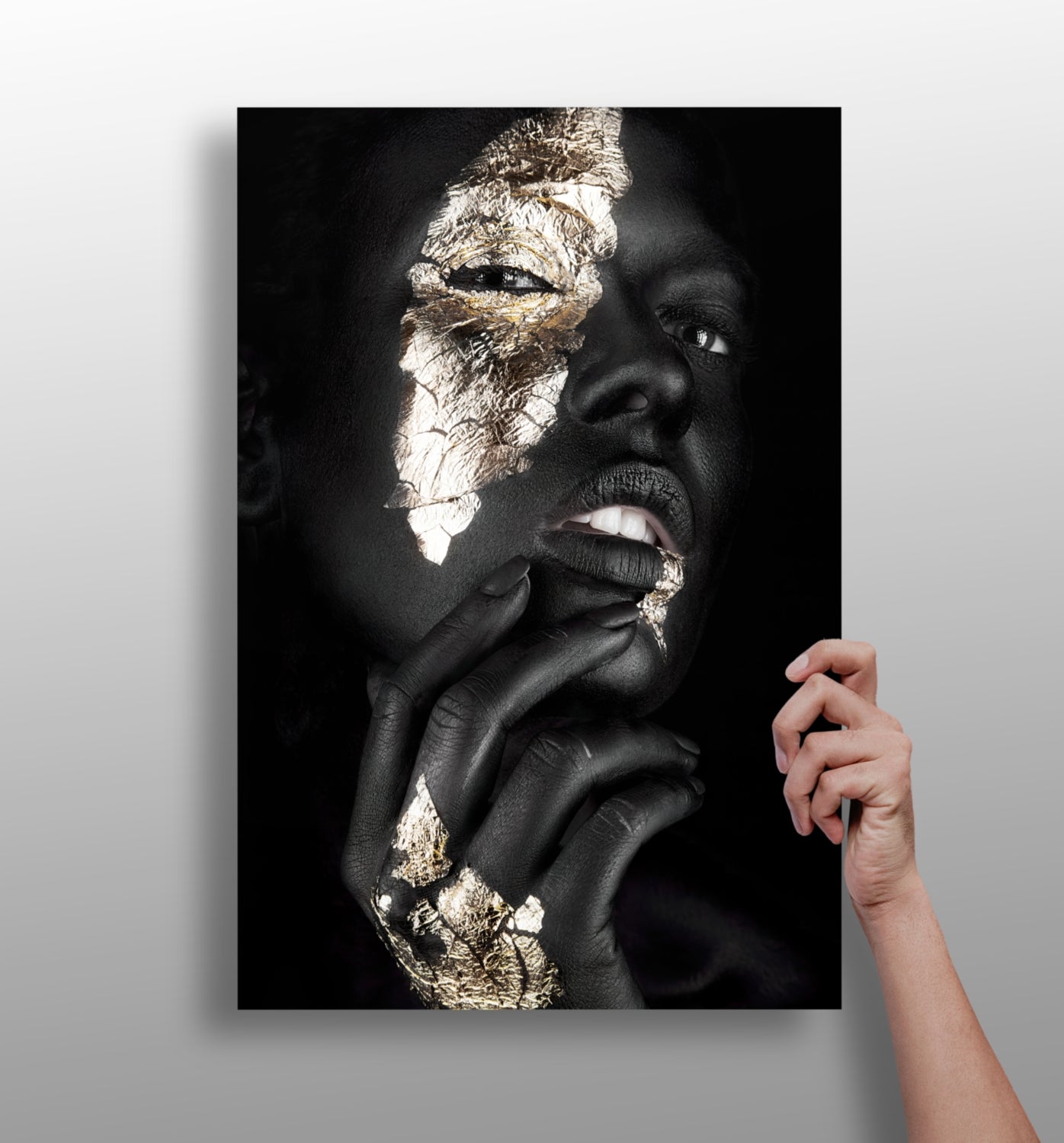 Gold Foil Cheek Pensive Woman Aluminum Print