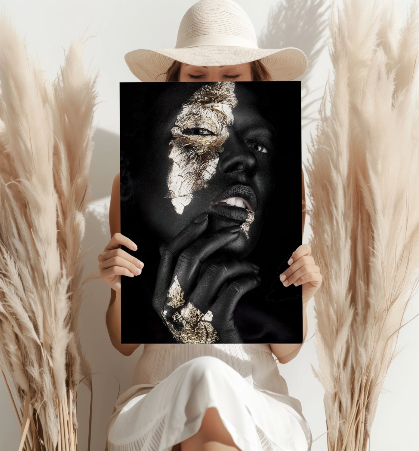 Gold Foil Cheek Pensive Woman Aluminum Print