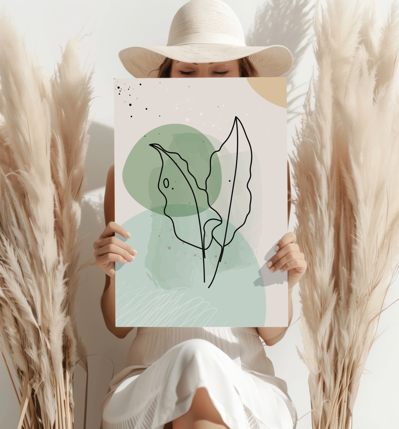 Sage Green Circles Two Leaves Line Art Aluminum Print