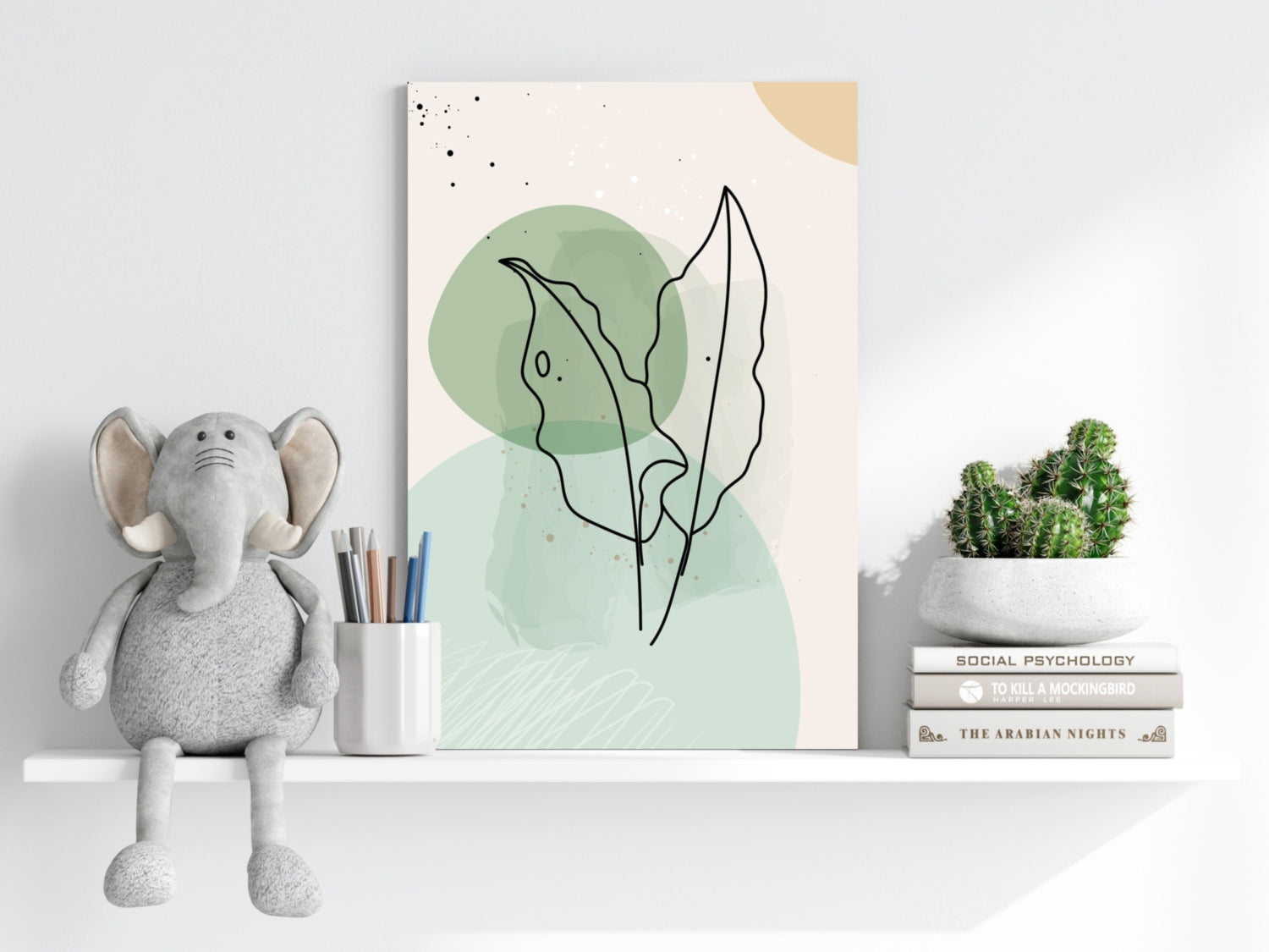 Sage Green Circles Two Leaves Line Art Aluminum Print