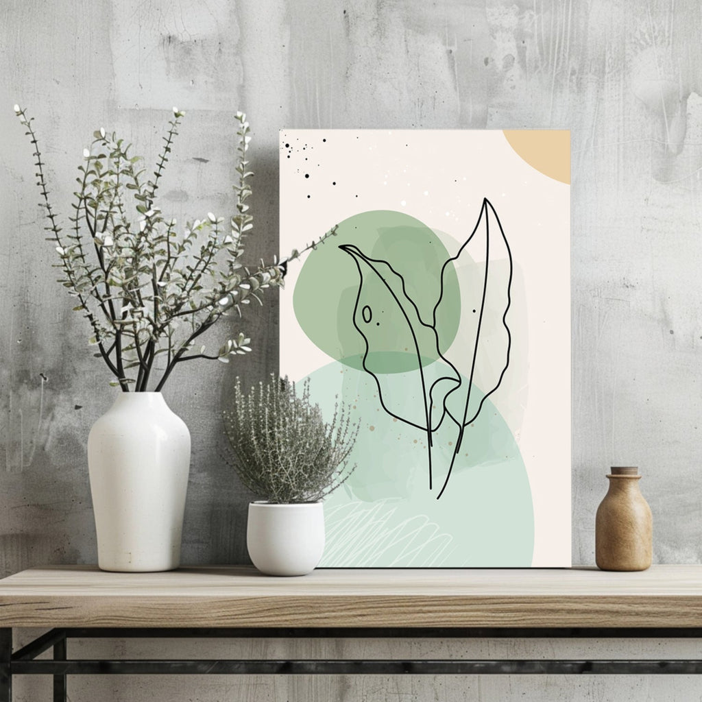 Sage Green Circles Two Leaves Line Art Aluminum Print