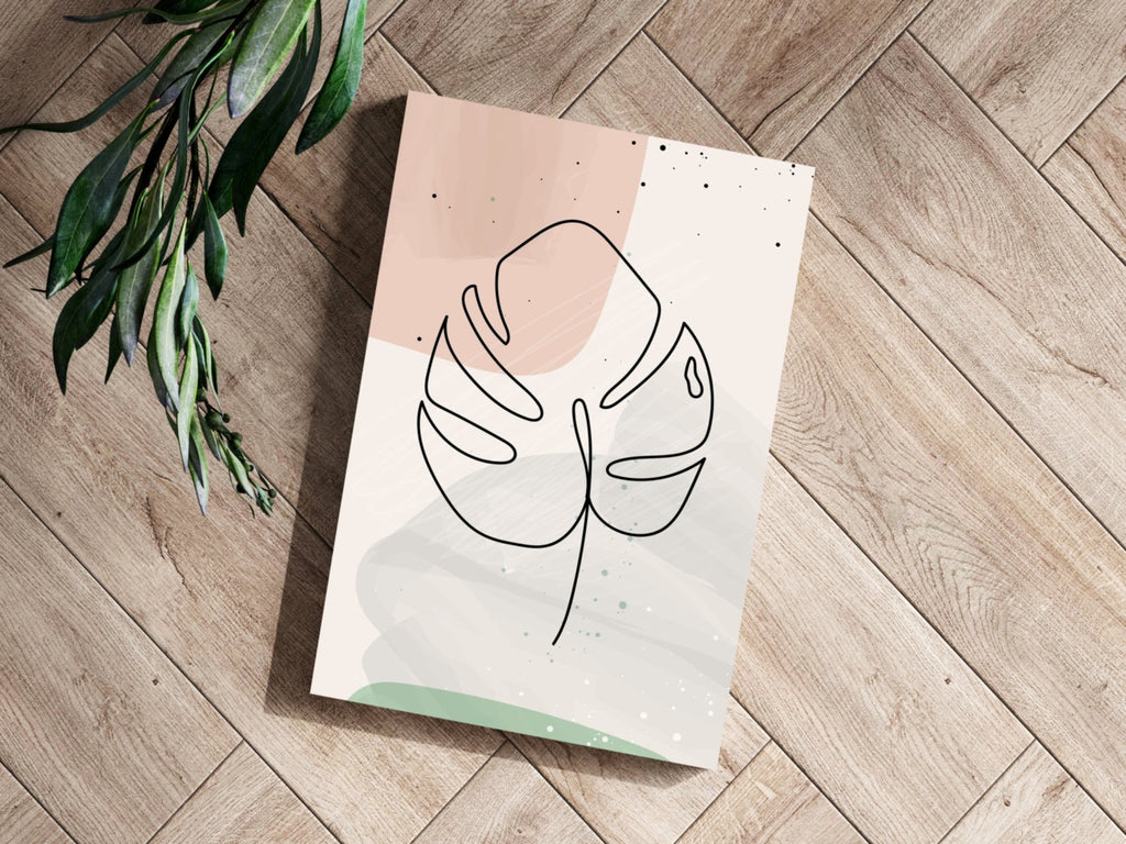 Blush Pastel Monstera Leaf Line Art Aluminum Print