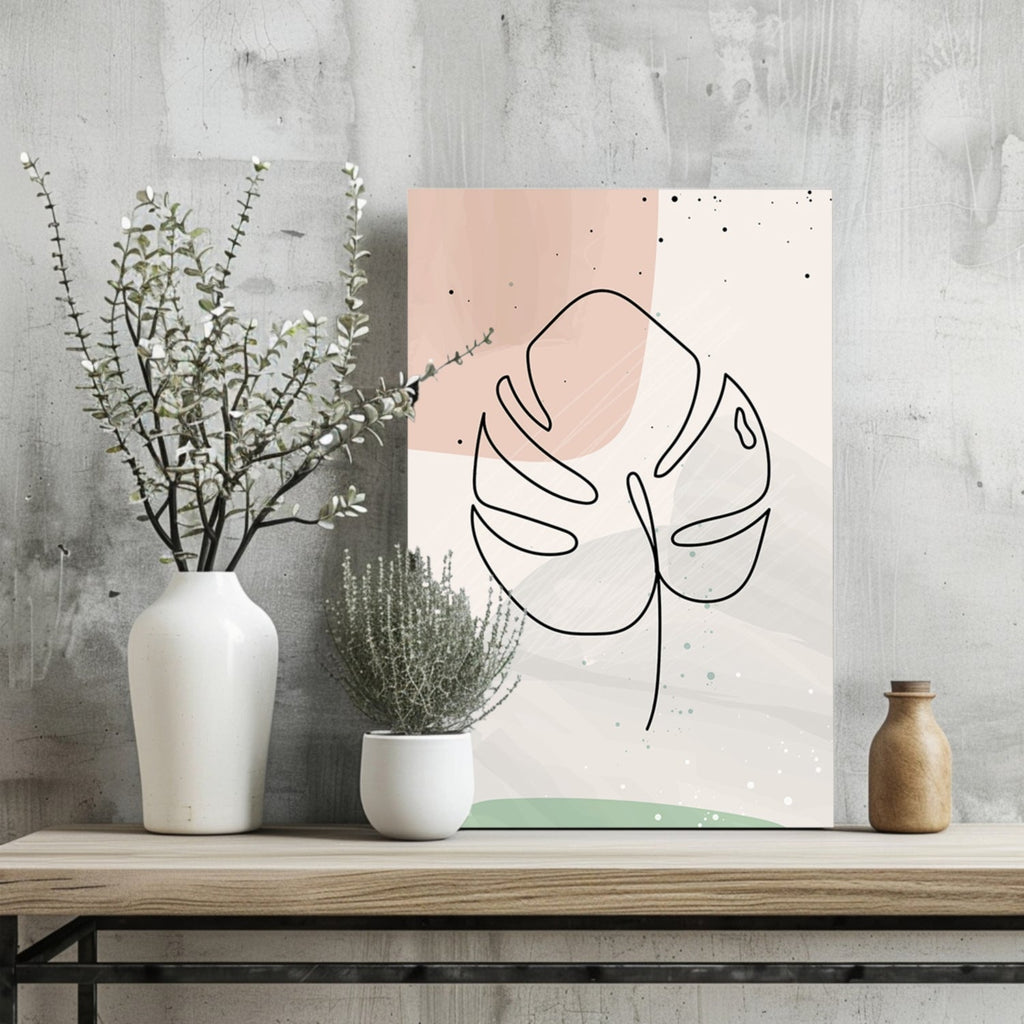 Blush Pastel Monstera Leaf Line Art Aluminum Print