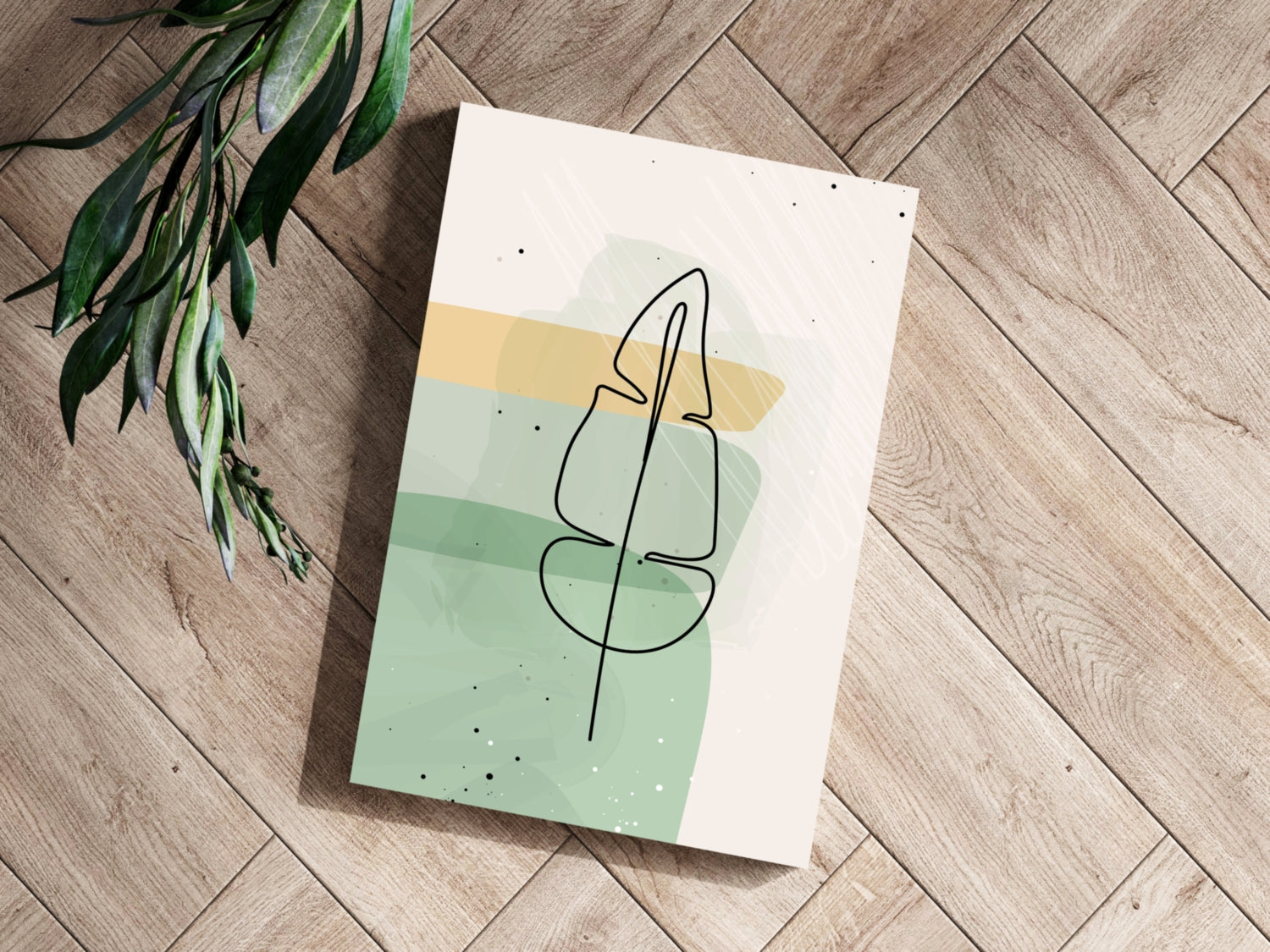 Mustard Band Sage Feather Leaf Line Art Aluminum Print