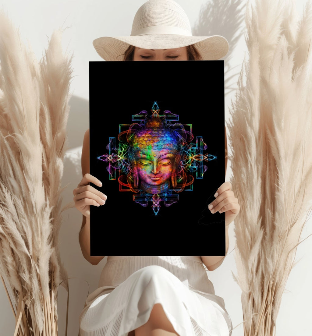 Neon Rainbow Mandala Buddha Head Aluminum Print