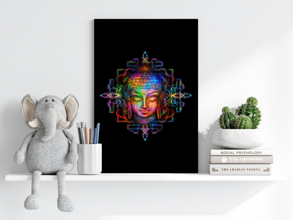 Neon Rainbow Mandala Buddha Head Aluminum Print