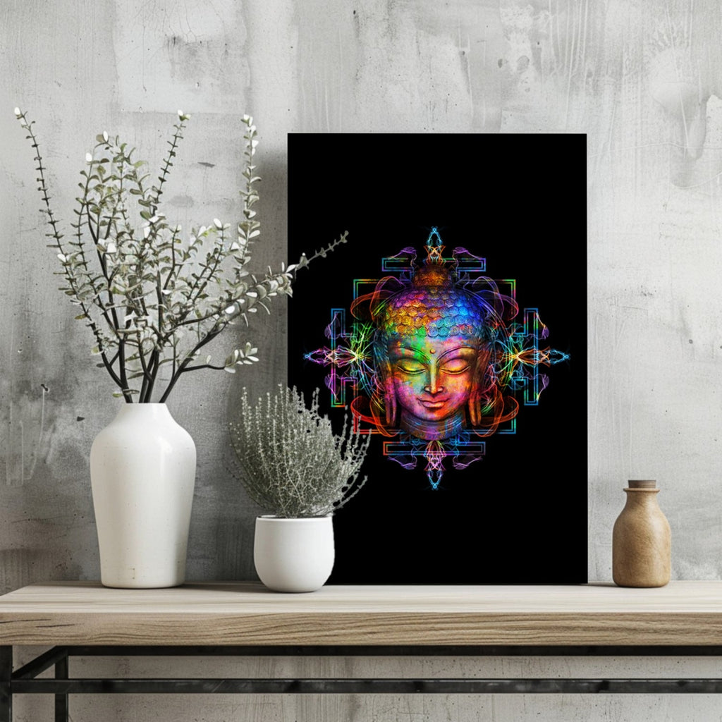 Neon Rainbow Mandala Buddha Head Aluminum Print